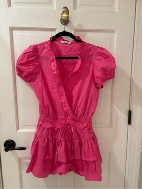 Pink Ruffled Mini Dress with Puff Sleeves